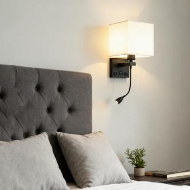 Imagem de E27 Arandelas de Parede 360° Giratório Holofote Gooseneck Lâmpada de Parede de Leitura Lâmpada de Parede Moderna com Conexão USB Interruptor Duplo Iluminação de Parede para Sala de Estar Quarto