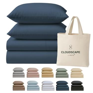 Imagem de Jogo de lençol Cloud Scape Linen 100% algodão egípcio California King, 400 fios, conjunto de cama de luxo de 4 peças, qualidade hoteleira, sedoso, respirável e durável, bolsos profundos até 17, jeans