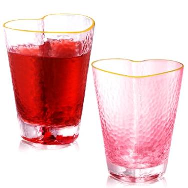 Imagem de Honeydak 2 copos de vidro de coração, copos de shot martelados rosa de 142 g com borda dourada, canecas de chá de café para casais, copos em forma de coração para dia dos namorados, aniversário