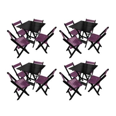Imagem de Kit 4 Mesas De Madeira Dobrável Preto 70x70 Com 4 Cadeiras Dobráveis Roxo