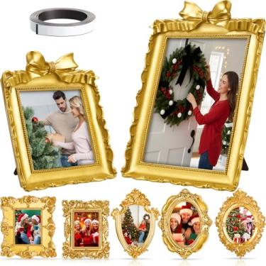 Imagem de Teenyyou Conjunto de 7 molduras vintage de resina, mini molduras douradas antigas retangulares ovais barrocas ornamentadas para exibição de casamento em casa, 12,7 x 18 cm (estilo vintage)