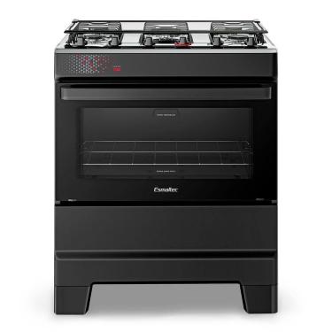 Imagem de Fogão A Gás Esmaltec Mesa Inox Tampa De Vidro Forno 84L Ideal Top Preto 5 Bocas Bivolt
