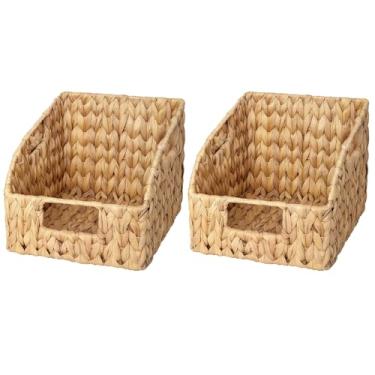 Imagem de Para organização, 2 cestas tecidas à mão, vime de grama natural, alças incluídas, decorativo, armazenamento prático, cozinha, despensa, prateleiras de quarto