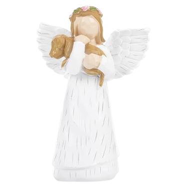 Imagem de Anjo branco com escultura de cachorro, estátua decorativa feita à mão em resina, decoração moderna para casa, anjo alado com coroa floral, perfeita para sala de estar e quarto