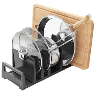 Imagem de Suporte de tampa de cozinha com 6 compartimentos, organizador de armazenamento de tampa de panela com suporte de tábua de corte, liga de alumínio e rack Abs