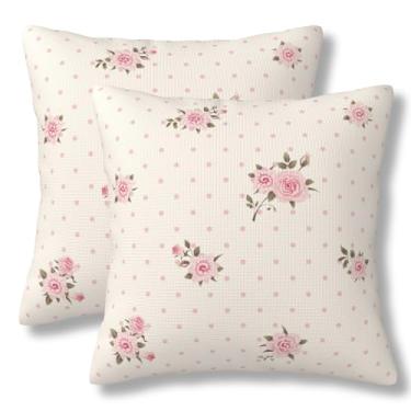 Imagem de ZYNTIRAX Capas de almofada de fundo floral de bolinhas rosas rosa 45,7 x 45,7 cm, conjunto de 2 fronhas quadradas com flores rosas, chiques, gastas e chiques, capas de almofada para sofá-cama e sofá