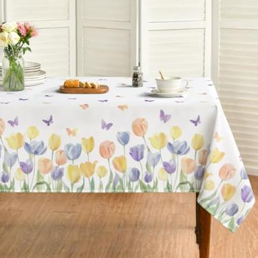 Imagem de Horaldaily Toalha de mesa de primavera retangular de 152 × 264 cm, xadrez verde, nuvem, margarida, borboleta, lavável, capa de mesa sazonal para decoração de festa, piquenique, jantar