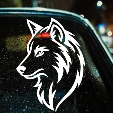 Imagem de Adesivo de carro com cabeça de lobo 17,8 x 18 cm – Adesivo de vinil de lobo branco de olhos vermelhos para janela de caminhão, SUV, laptop, porta de vidro – Decalque de animal impermeável e removível