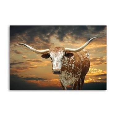 Imagem de OMISKAHU Texas at Sunset Farm Longhorn Poster Pintura Decorativa Tela Arte de Parede Pósteres Sala de Estar Pintura de Quarto 16 x 24 polegadas (40 x 60 cm)