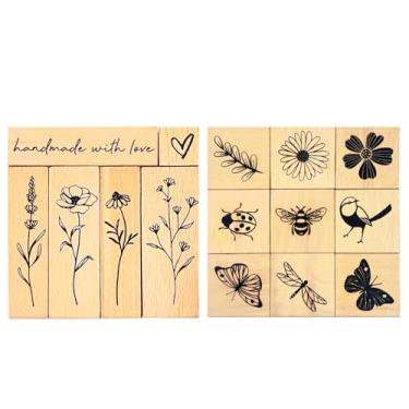 Imagem de Wissppoott Conjunto de 15 carimbos vintage de borracha de madeira – carimbos antigos de borboleta, floral, planta, joaninha e pássaros para scrapbooking, cartões de artesanato, embrulho de presente e
