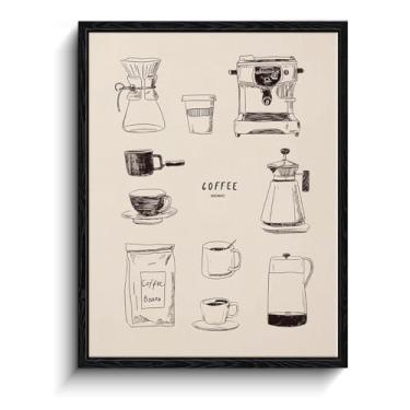 Imagem de Arte de parede para cafeteira, ferramentas desenhadas à mão, decoração de parede de cafe bar, impressão em tela emoldurada com acabamento fosco, arte de pôster de barra de café, para presente de