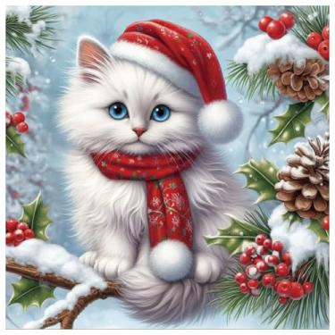 Imagem de Kulvci Kits de pintura de diamante de gato de Natal para adultos, kits de arte de diamante para iniciantes, pintura de diamante 5D DIY com gema redonda, kits de arte para presente, decoração de parede