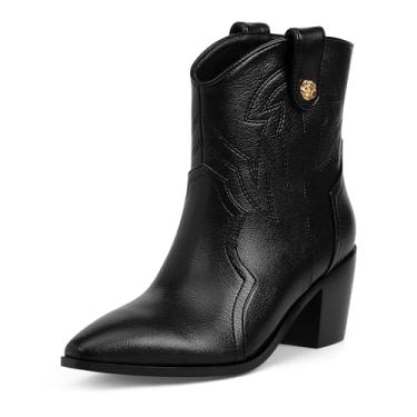 Imagem de yowmns Botas caubói femininas pretas ocidentais cano curto cowgirl bordado bico quadrado Pull On Block Heel Booties, Preto, 35