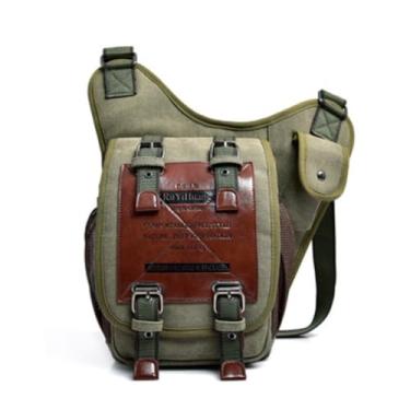 Imagem de Bolsa Messenger de Lona com Múltiplos Compartimentos e Decoração em Couro Design Simples Estiloso Retrô Forro Poliéster Fácil Limpar Single Crossbody Prático Conveniente Grande Capacidade Zíper Intern