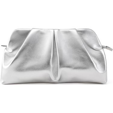 Imagem de QIRACHIC Bolsa clutch feminina elegante e formal plissada PU clutch bolsa tiracolo com corrente removível, Prata, Medium