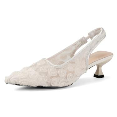 Imagem de Elegante salto gatinho de renda para mulheres – Slingback bico fino de malha floral – Sandálias formais de salto baixo para festas de casamento, Branco, 35