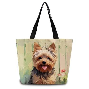Imagem de ZhuVantrix Yorkshire Terrier, bolsa de compras reutilizável, bolsa de ombro de compras estética com bolso interno com zíper elegante, presente de Yorkshire terrier para amantes de cães e mulheres