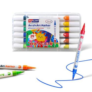 Imagem de SKYGLORY Conjunto de canetas marcadoras de acrílico com pincel de 24 cores, canetas marcadoras artísticas de duas cores para pintura, desenho, artesanato (12)
