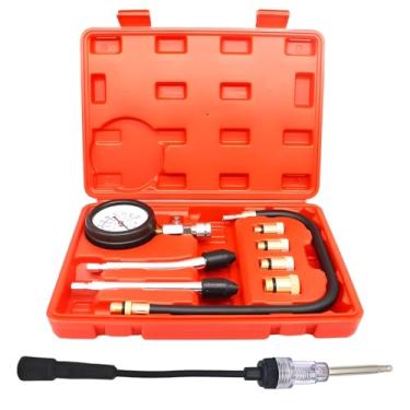 Imagem de Tuxihapp Kit testador de compressão de cilindro de motor a gasolina 9 peças com testador de vela de ignição, 0-21 bar e 0-300 PSI medidor de compressão ferramenta de teste de motor de carro e