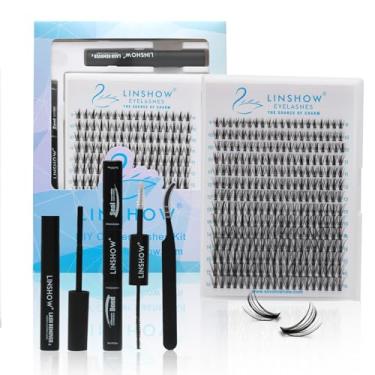 Imagem de LinShow Kit de aglomerados de cílios 224 peças, mistura de 9-16 mm volume macio natural, kit de extensões de cílios individuais DIY com removedor de cola de vedação fácil aplicação (A08, D Curl Mix 9
