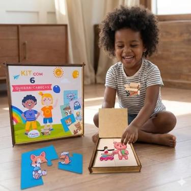 Imagem de Brinquedo Pedagógico Em Madeira Estojo Kit 6 Quebra Cabeças Infantil Com 4 Peças Cada (Estojo Animais Alegres)