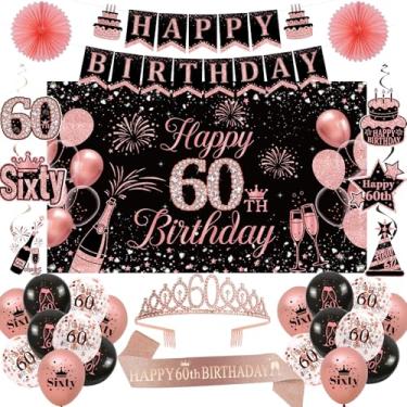 Imagem de Decorações de aniversário de 60 anos para mulheres, coroa e faixa de aniversário de 60 anos de ouro rosa, preto e rosa 60 anos banner balões pano de fundo para pendurar redemoinhos leques de papel