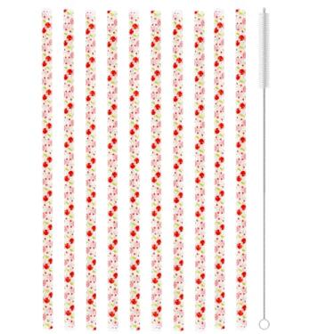 Imagem de 12 PÇS Palhinhas Reutilizáveis com Padrão Pêssego Vermelho, 22 cm Estampa de Frutas Canudos Platic Rígidos com Escova de Limpeza para Pote de Pedreiro Família ou Aniversário Decoração de Suco de Chá