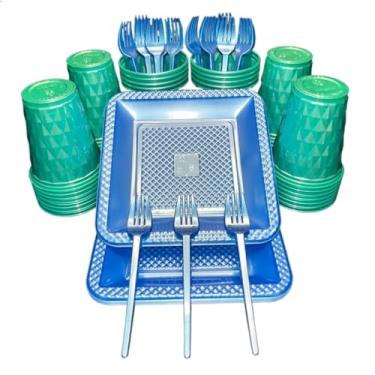 Imagem de Kit 260 Itens Descartaveis Festa Aniversário Prato Quadrado Diamante Plástico Colorido Perolado Candy Pastel (Verde Azul Perolado)