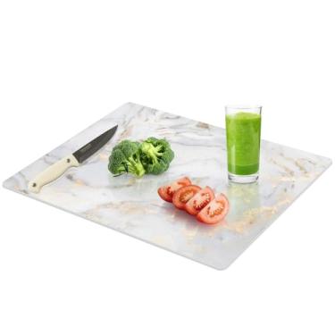 Imagem de Yuzeyurun Tábua de corte de vidro temperado para cozinha, tábua de corte dourada de 40,6 cm x 30,5 cm, tábua de cortar vidro com pés antiderrapantes, resistente ao calor, resistente a quebras, pode