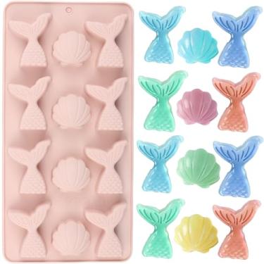 Imagem de EPYHREHM 12 formas de silicone de cauda de sereia de cavidade molde de concha de chocolate para bandeja de cubos de gelo e doces de chocolate