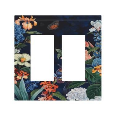 Imagem de Nadoabtm Capas decorativas com borboleta floral vibrante, fundo escuro, 2 gangues, duplo balancim decorativo, placa de parede Gfci, placa de interruptor elétrico, placa de cobertura para interruptor