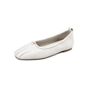 Imagem de TinaCus Sapatilhas femininas de couro macio de bico quadrado feito à mão sem cadarço e conforto, Bege, 38