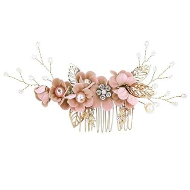 Imagem de Pentes de cabelo de flor de cristal para noivas, presilhas de cabelo vintage, presilhas de strass francês, acessórios de cabelo de flor de pérola para mulheres e meninas (rosa)