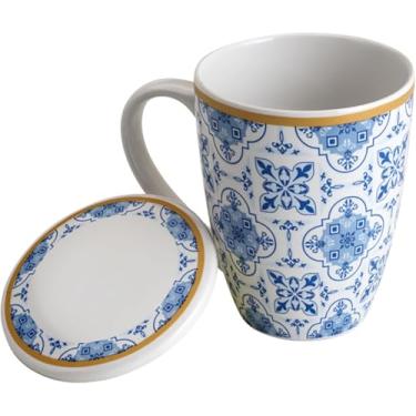 Imagem de Caneca Porcelana Super White Lisboa 340ml com Tampa e Filtro Azul e Branco Chá Infusão