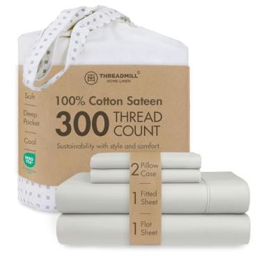 Imagem de Threadmill Jogo de lençol casal de algodão | Lençóis 100% algodão para cama de casal | Conjunto de lençóis de casal de cetim sólido com bolso profundo elástico de 40,6 cm | Conjunto de lençóis