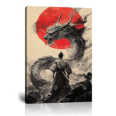 Imagem de chenchenArt Arte de parede de samurai japonês para sala de estar quarto decoração de casa arte asiática sol vermelho e dragão com imagem de samurai impressões em tela emolduradas prontas para pendurar