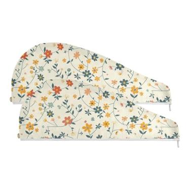 Imagem de SEHANY Toalha de cabelo de microfibra de flores coloridas elegantes para mulheres, 2 peças, turbantes de cabelo de secagem rápida com botão, touca de cabelo seco absorvente toalha de secagem de cabelo