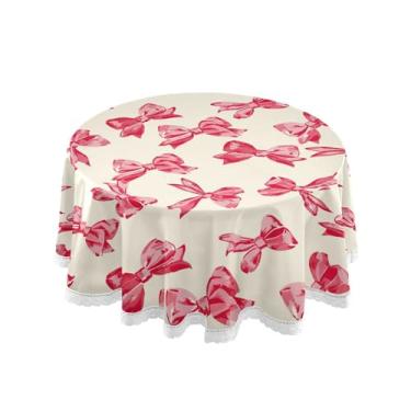 Imagem de SEHANY Toalha de mesa redonda com laço rosa de 152 cm, tecido lavável sem rugas, toalha de mesa decorativa de renda para restaurante, casamento, acampamento, festa de cinco de maio