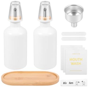 Imagem de Dispensador de enxaguante bucal de vidro para banheiro, enxaguante bucal de 335 g, dispensador de enxaguante bucal com copo, garrafa decantadora com bicos de aço inoxidável, adequado para enxaguante