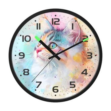 Imagem de SEHANY Relógio de parede de gato fofo, silencioso, sem tique-taque, operado por bateria, controle de som, luz noturna, relógios de parede para sala de estar, cozinha, quarto, escritório, decoração de