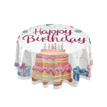 Imagem de SEHANY Toalha de mesa redonda para festa de feliz aniversário de 152 cm, tecido lavável sem rugas, toalha de mesa redonda com decoração de renda para decoração de aniversário de restaurante