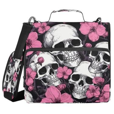 Imagem de SEHANY Fichário com zíper de caveira e flor com alça de ombro, capacidade para 500 folhas, vários bolsos, fichário com 3 anéis e zíper de 3 anéis