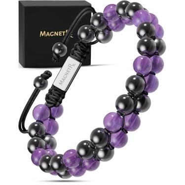 Imagem de MagnetRX® Pulseira de hematita e ametista – Pulseiras magnéticas de hematita de força máxima – Cristais de ametista natural pulseiras com contas roxas para mulheres