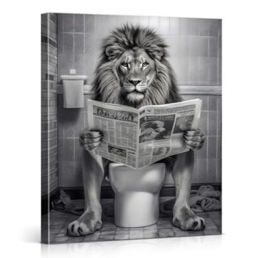 Imagem de Impressão de arte de parede de leão engraçado no banheiro preto e branco animal pôster imagem moderna decoração de parede para banheiro banheiro 20 x 25 tela emoldurada