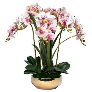 Imagem de LMJYU Orquídea artificial flor falsa Phalaenopsis 8 orquídeas flores falsas com vaso dourado, decoração de salão de casamento arranjo de flores
