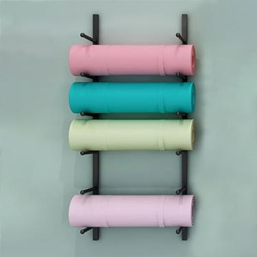 Imagem de uhyOHF Suporte para tapete de ioga, suporte de parede de metal, para academia, escritório, escola, ioga, organizador de 6 camadas, para rolos de espuma, skate (preto