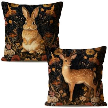 Imagem de CosxHabitat Conjunto de 2 capas de almofada vintage floral coelho veado 45,7 x 45,7 cm, presentes para amantes de veados, flores silvestres botânicas, flores silvestres, sika veado, decoração para