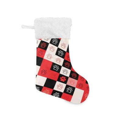 Imagem de Wassud Meia de Natal fofa com patas de punho branco, xadrez, 45,7 cm, grande, para decoração de lareira e cornija, pacote com 2
