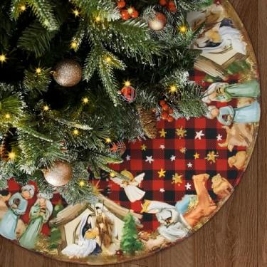 Imagem de Greener Seeda Saia para árvore de Natal, 121 cm, xadrez buffalo, vermelho, natividade, Jesus, cristão, tapete para decoração de árvores de Natal, Ano Novo, festa em casa, casa de fazenda, decoração