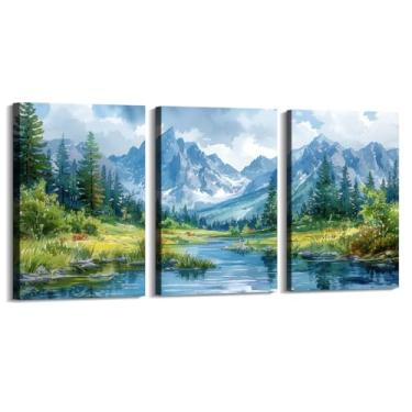 Imagem de Impressão em tela de montanha em aquarela com cenário do Colorado - pôster de floresta do lago arte de parede de paisagem moderna para sala de estar quarto decoração de escritório (SKU3-3PCS, 20,3 x